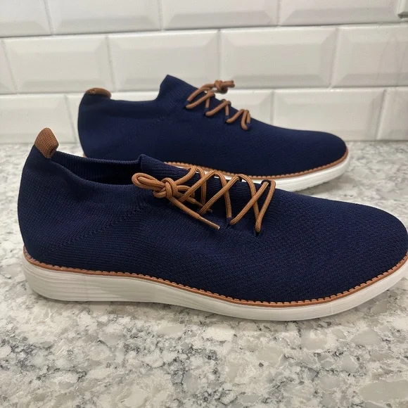 NEW MEN'S DARK BLUE NAVY PULL ON WHITE SOLE SOLED SHOES SIZE 15 EU 39 - Picture 2 of 9
